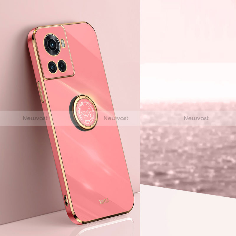 Ultra-thin Silicone Gel Soft Case Cover with Magnetic Finger Ring Stand XL1 for OnePlus Ace 5G Hot Pink