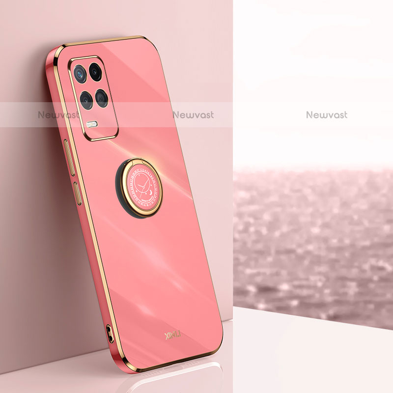 Ultra-thin Silicone Gel Soft Case Cover with Magnetic Finger Ring Stand XL1 for Oppo A54 4G Hot Pink