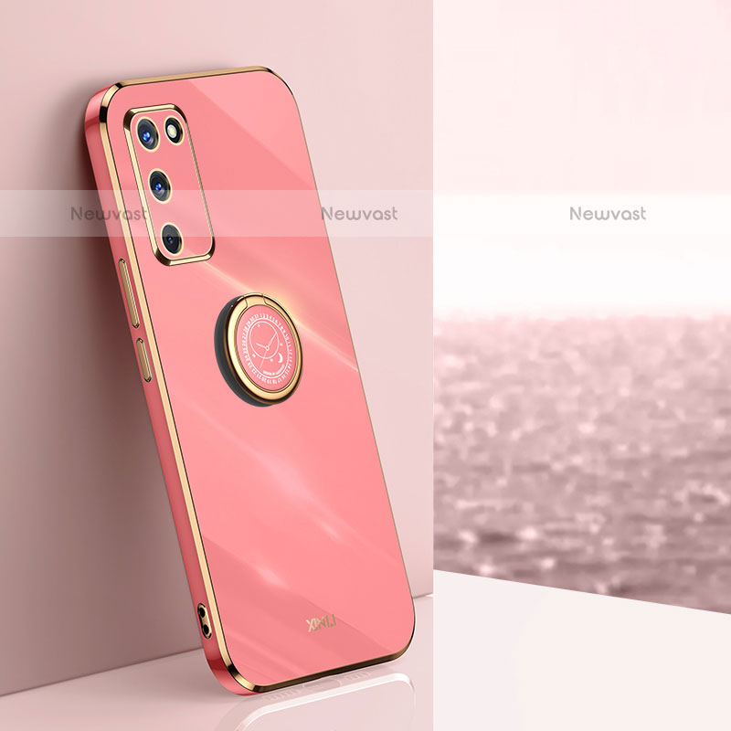 Ultra-thin Silicone Gel Soft Case Cover with Magnetic Finger Ring Stand XL1 for Oppo A55 5G Hot Pink