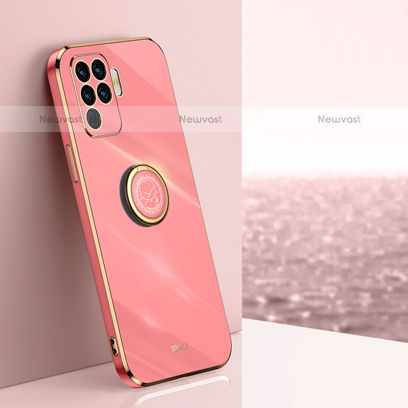 Ultra-thin Silicone Gel Soft Case Cover with Magnetic Finger Ring Stand XL1 for Oppo F19 Pro Hot Pink