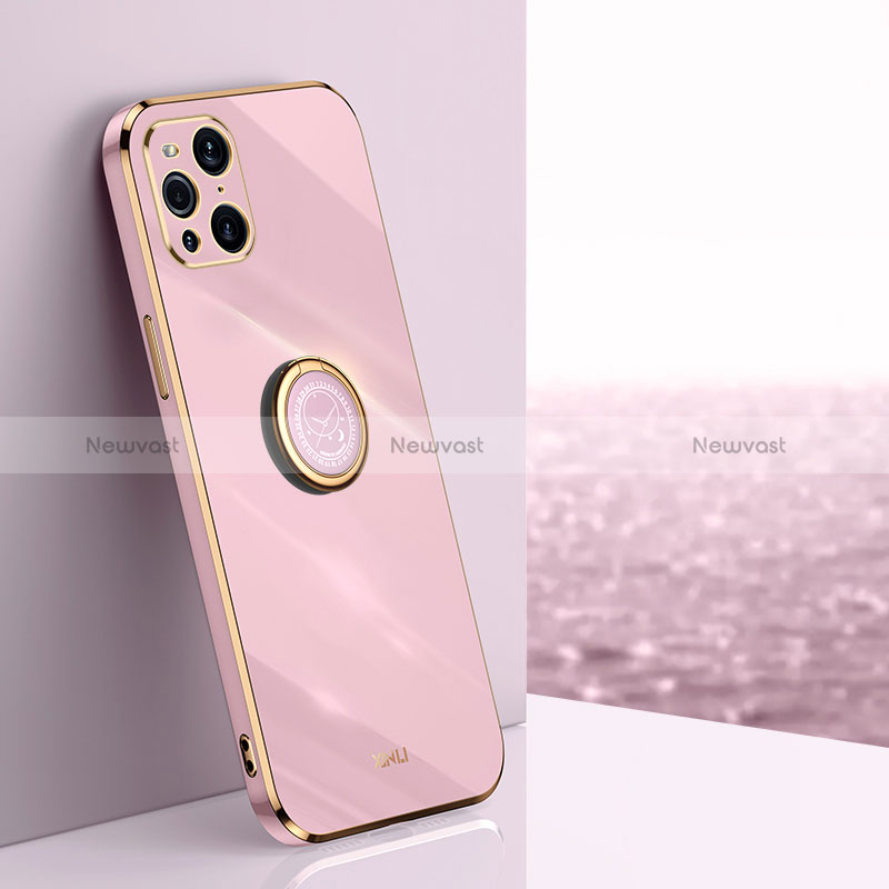 Ultra-thin Silicone Gel Soft Case Cover with Magnetic Finger Ring Stand XL1 for Oppo Find X3 5G Pink