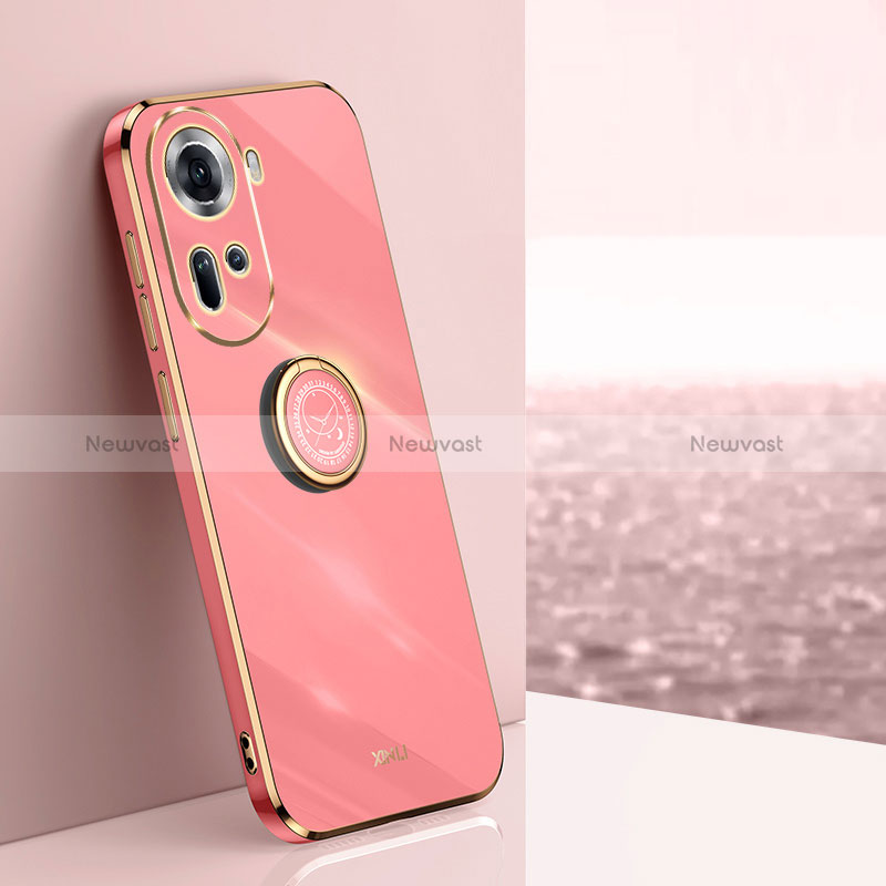 Ultra-thin Silicone Gel Soft Case Cover with Magnetic Finger Ring Stand XL1 for Oppo Reno11 5G Hot Pink