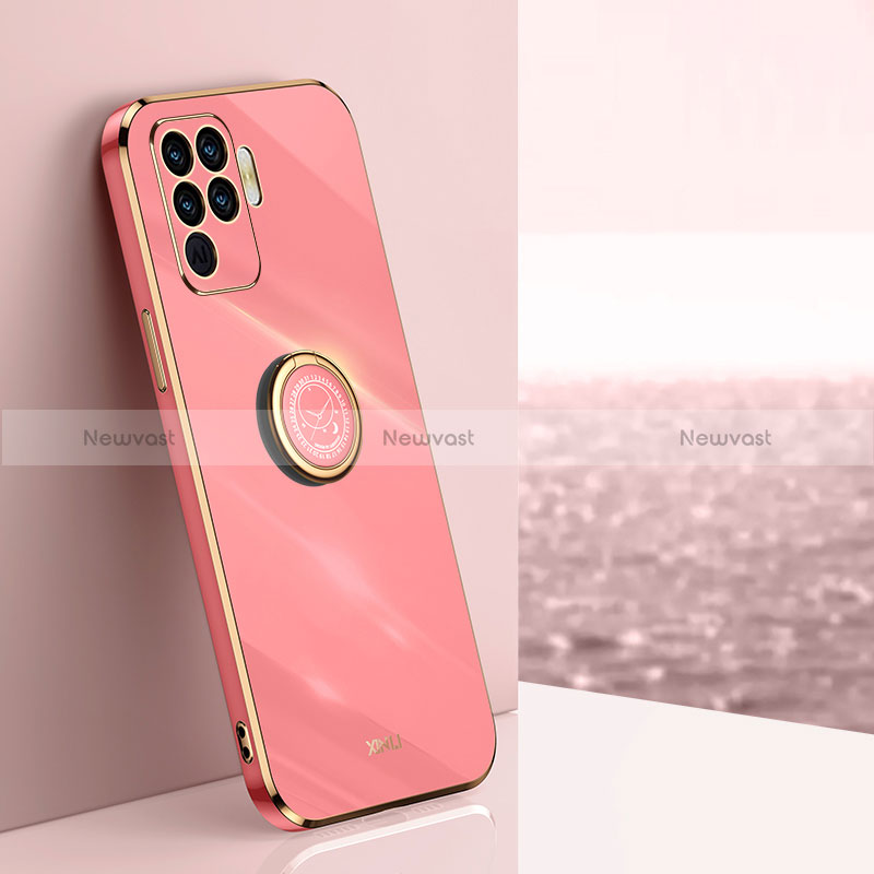 Ultra-thin Silicone Gel Soft Case Cover with Magnetic Finger Ring Stand XL1 for Oppo Reno5 F Hot Pink