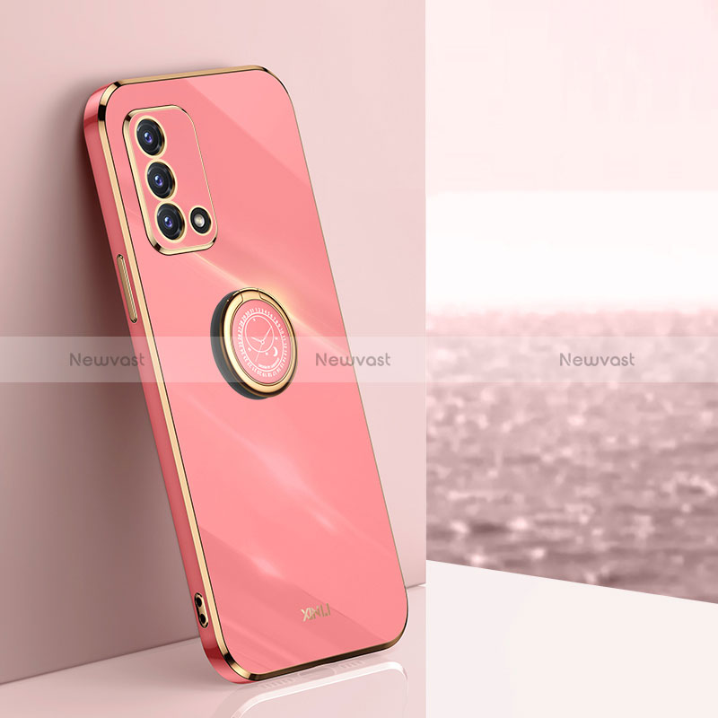 Ultra-thin Silicone Gel Soft Case Cover with Magnetic Finger Ring Stand XL1 for Oppo Reno6 Lite Hot Pink