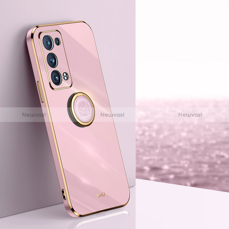 Ultra-thin Silicone Gel Soft Case Cover with Magnetic Finger Ring Stand XL1 for Oppo Reno6 Pro 5G Pink