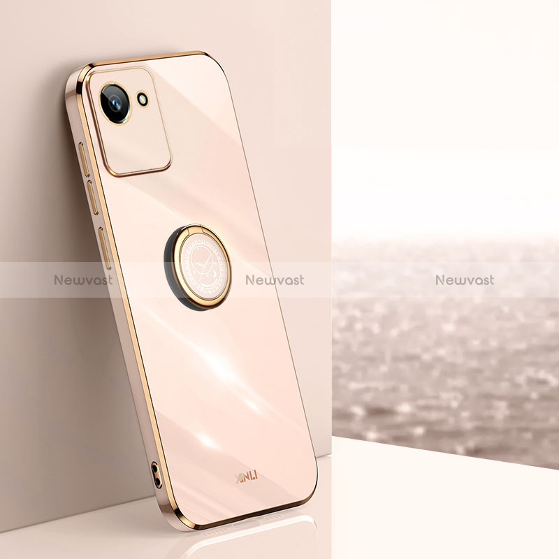 Ultra-thin Silicone Gel Soft Case Cover with Magnetic Finger Ring Stand XL1 for Realme C30 Rose Gold