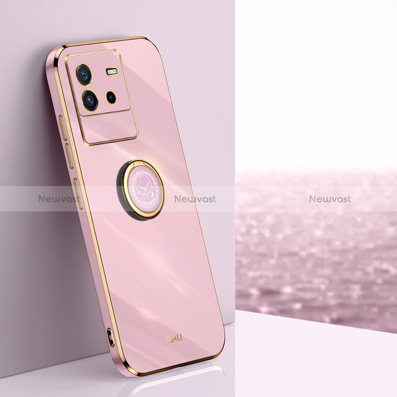 Ultra-thin Silicone Gel Soft Case Cover with Magnetic Finger Ring Stand XL1 for Vivo iQOO Neo6 5G Pink