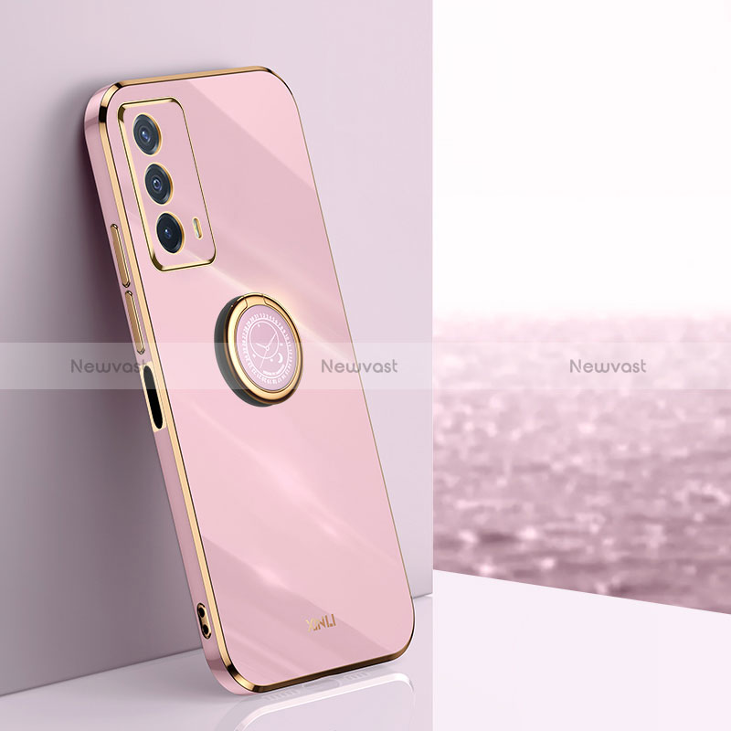 Ultra-thin Silicone Gel Soft Case Cover with Magnetic Finger Ring Stand XL1 for Vivo iQOO Z5 5G Pink