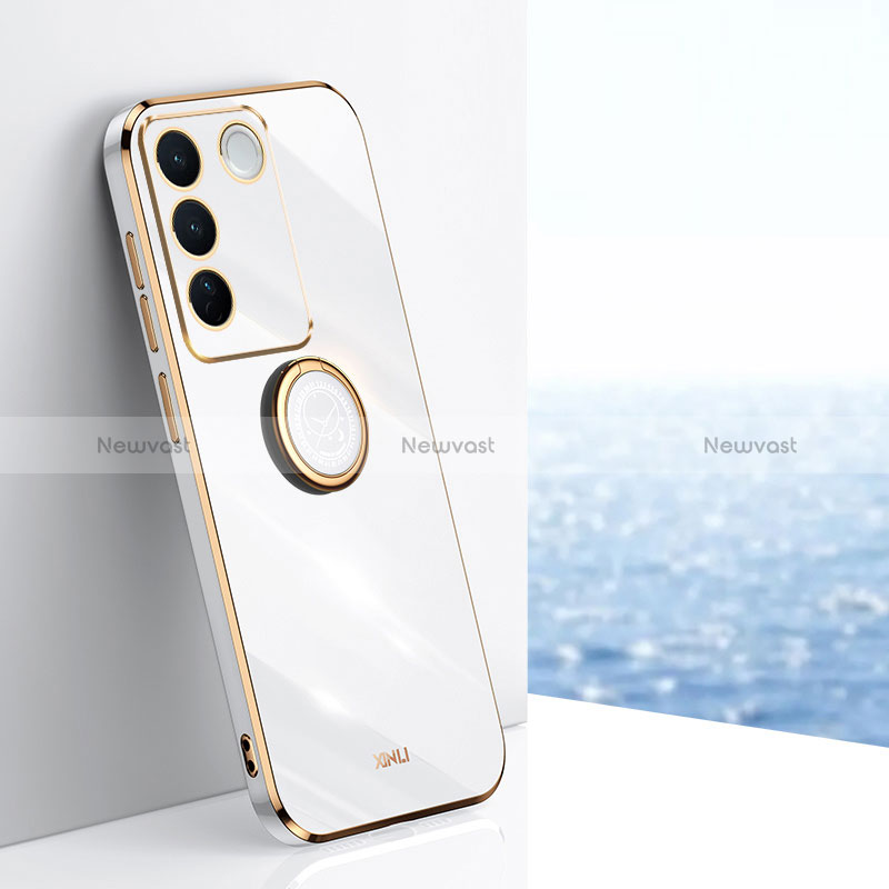 Ultra-thin Silicone Gel Soft Case Cover with Magnetic Finger Ring Stand XL1 for Vivo V27 5G White