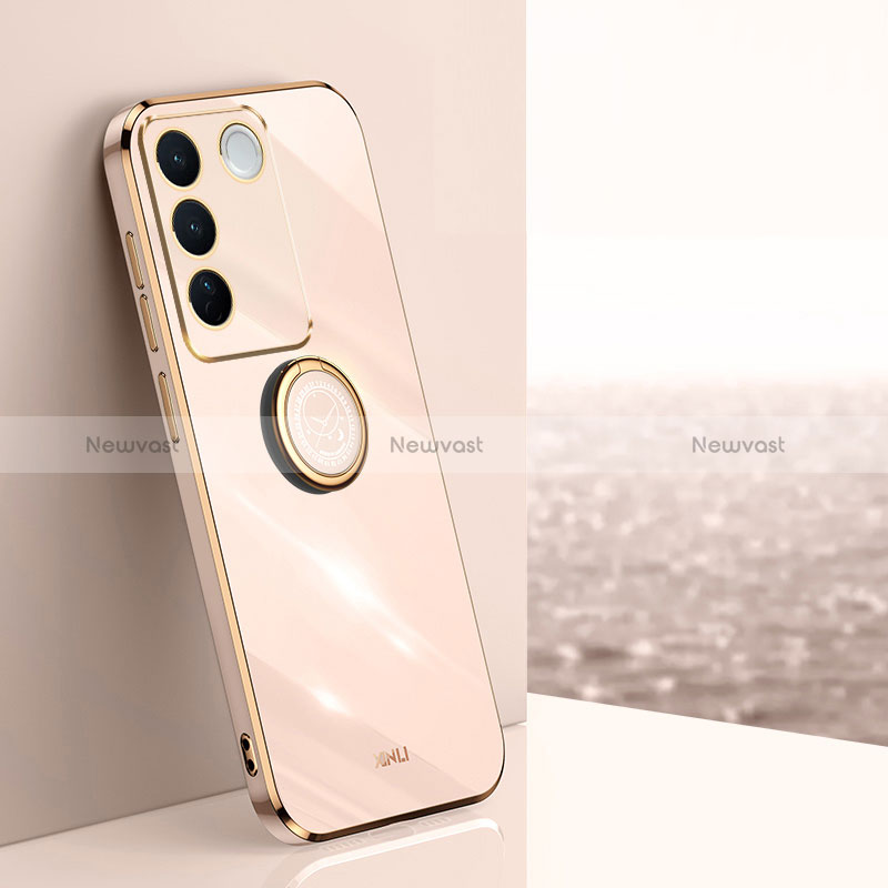 Ultra-thin Silicone Gel Soft Case Cover with Magnetic Finger Ring Stand XL1 for Vivo V27e 5G Gold