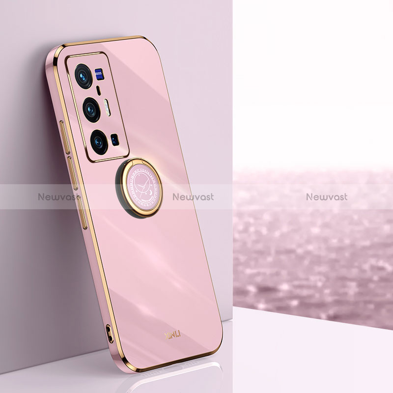 Ultra-thin Silicone Gel Soft Case Cover with Magnetic Finger Ring Stand XL1 for Vivo X70 Pro+ Plus 5G Pink