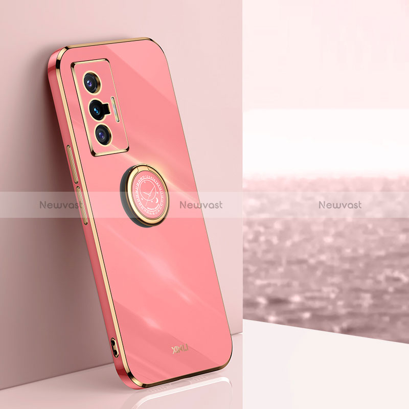 Ultra-thin Silicone Gel Soft Case Cover with Magnetic Finger Ring Stand XL1 for Vivo X70t Hot Pink