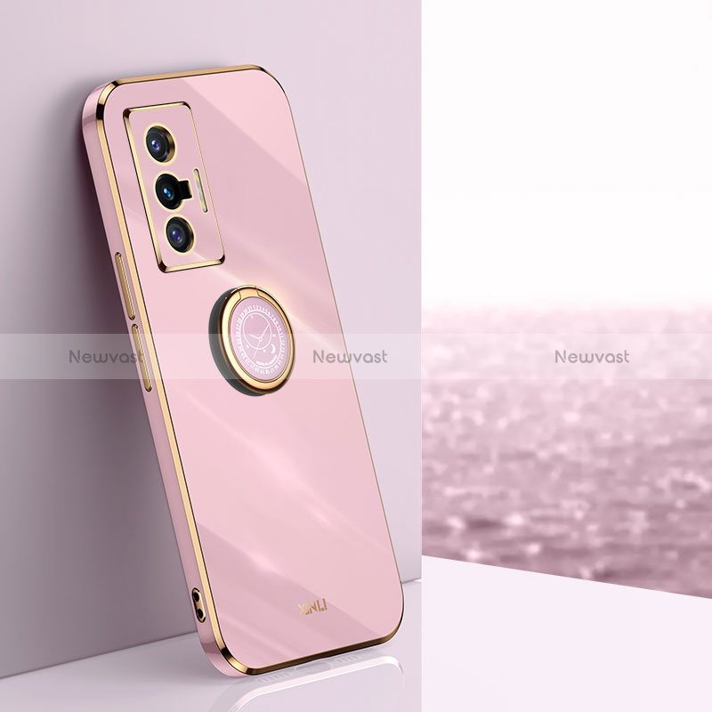 Ultra-thin Silicone Gel Soft Case Cover with Magnetic Finger Ring Stand XL1 for Vivo X70t Pink