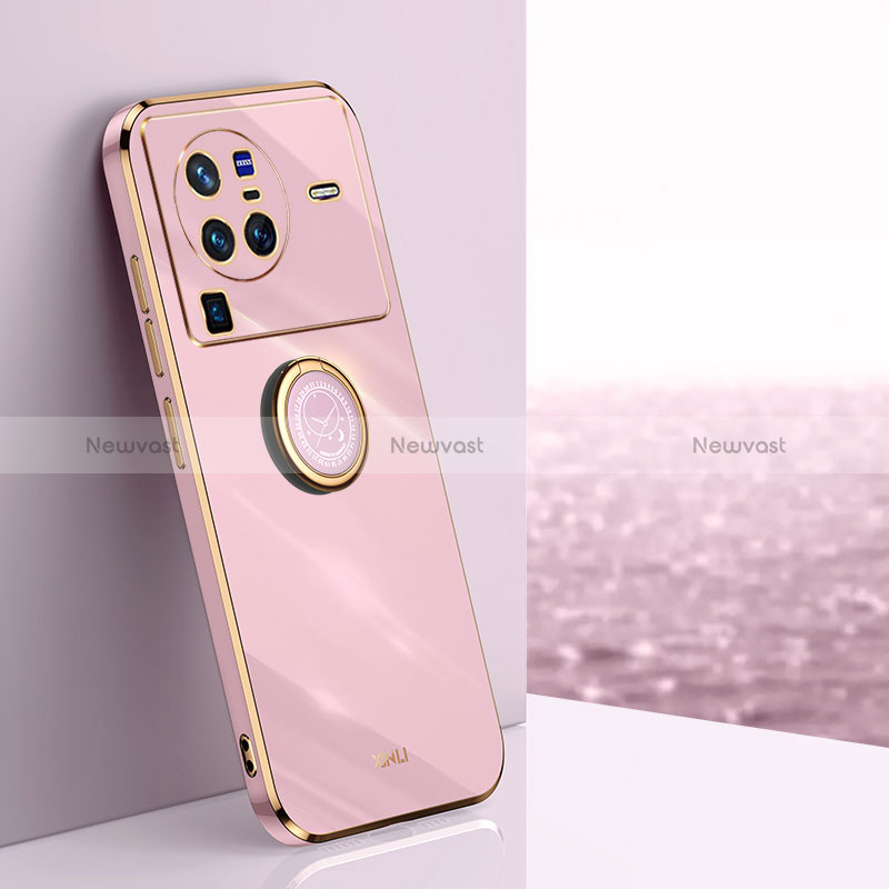 Ultra-thin Silicone Gel Soft Case Cover with Magnetic Finger Ring Stand XL1 for Vivo X80 Pro 5G Pink