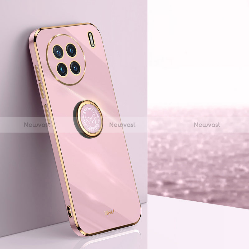 Ultra-thin Silicone Gel Soft Case Cover with Magnetic Finger Ring Stand XL1 for Vivo X90 5G Pink