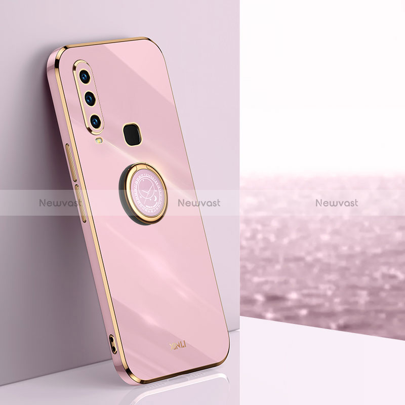 Ultra-thin Silicone Gel Soft Case Cover with Magnetic Finger Ring Stand XL1 for Vivo Y12 Pink