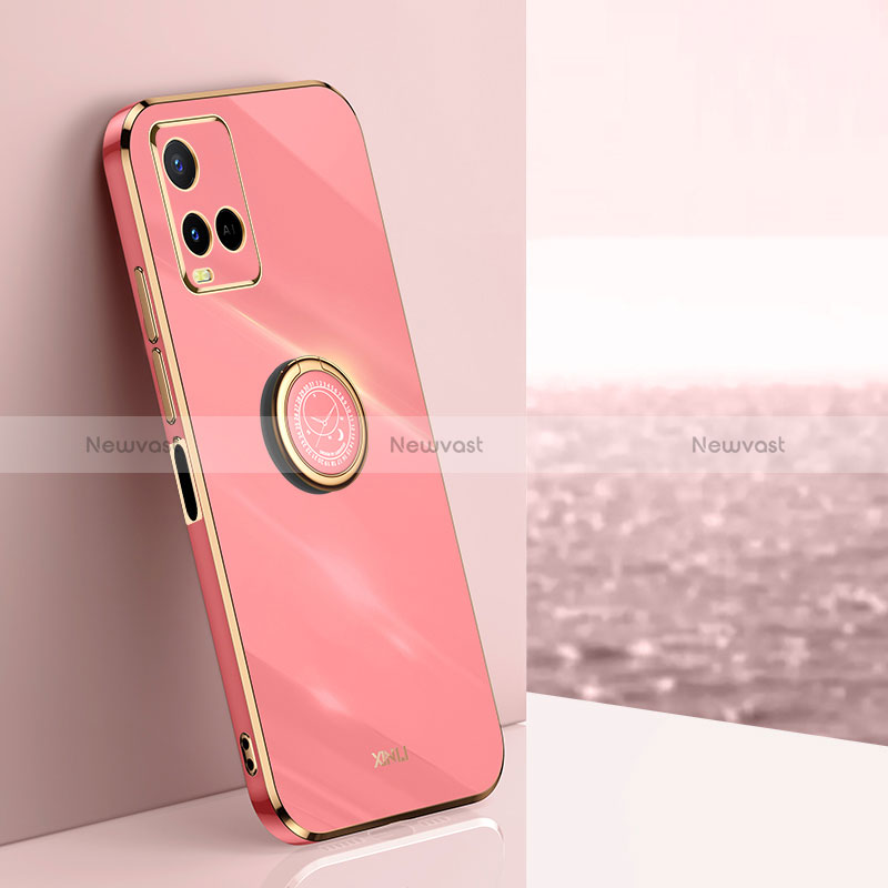 Ultra-thin Silicone Gel Soft Case Cover with Magnetic Finger Ring Stand XL1 for Vivo Y21a Hot Pink