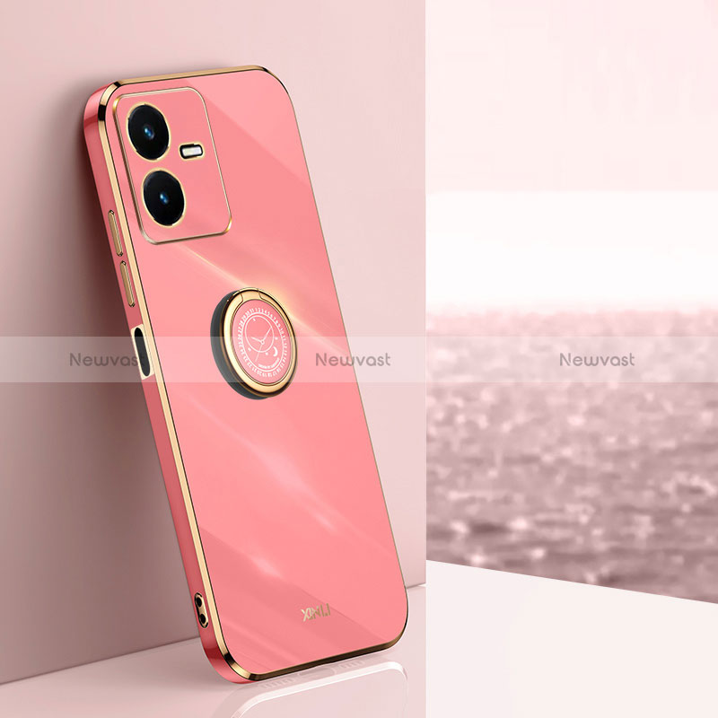 Ultra-thin Silicone Gel Soft Case Cover with Magnetic Finger Ring Stand XL1 for Vivo Y22 Hot Pink