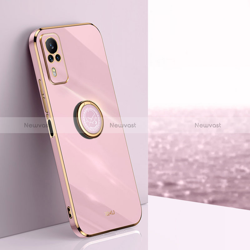 Ultra-thin Silicone Gel Soft Case Cover with Magnetic Finger Ring Stand XL1 for Vivo Y31 (2021) Pink