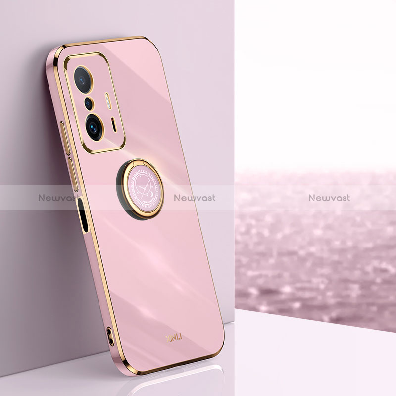 Ultra-thin Silicone Gel Soft Case Cover with Magnetic Finger Ring Stand XL1 for Xiaomi Mi 11T 5G Pink