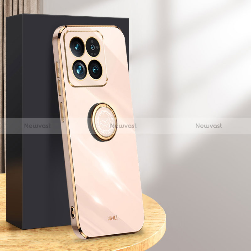 Ultra-thin Silicone Gel Soft Case Cover with Magnetic Finger Ring Stand XL1 for Xiaomi Mi 14 Pro 5G Rose Gold