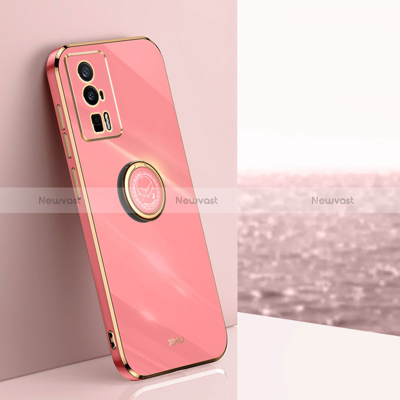 Ultra-thin Silicone Gel Soft Case Cover with Magnetic Finger Ring Stand XL1 for Xiaomi Poco F5 Pro 5G Hot Pink