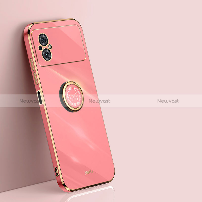 Ultra-thin Silicone Gel Soft Case Cover with Magnetic Finger Ring Stand XL1 for Xiaomi Poco M4 5G Hot Pink