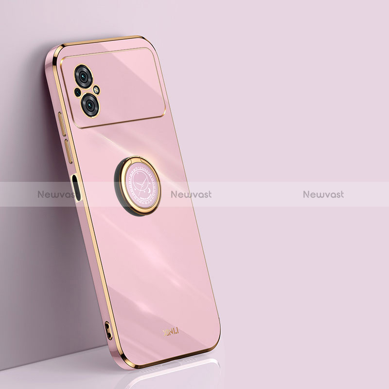 Ultra-thin Silicone Gel Soft Case Cover with Magnetic Finger Ring Stand XL1 for Xiaomi Poco M4 5G Pink