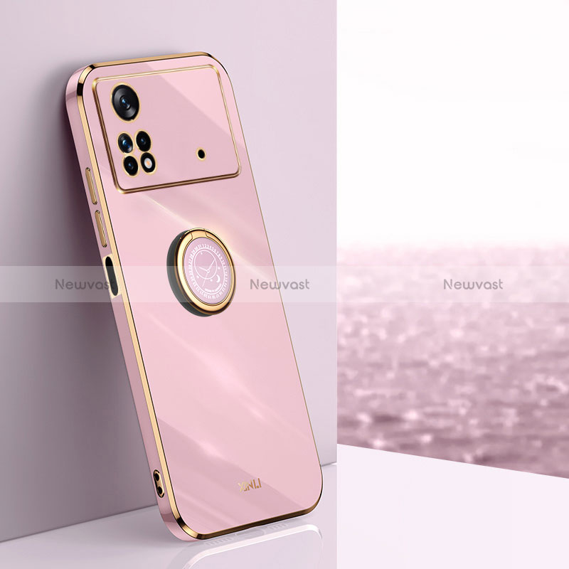 Ultra-thin Silicone Gel Soft Case Cover with Magnetic Finger Ring Stand XL1 for Xiaomi Poco M4 Pro 4G Pink