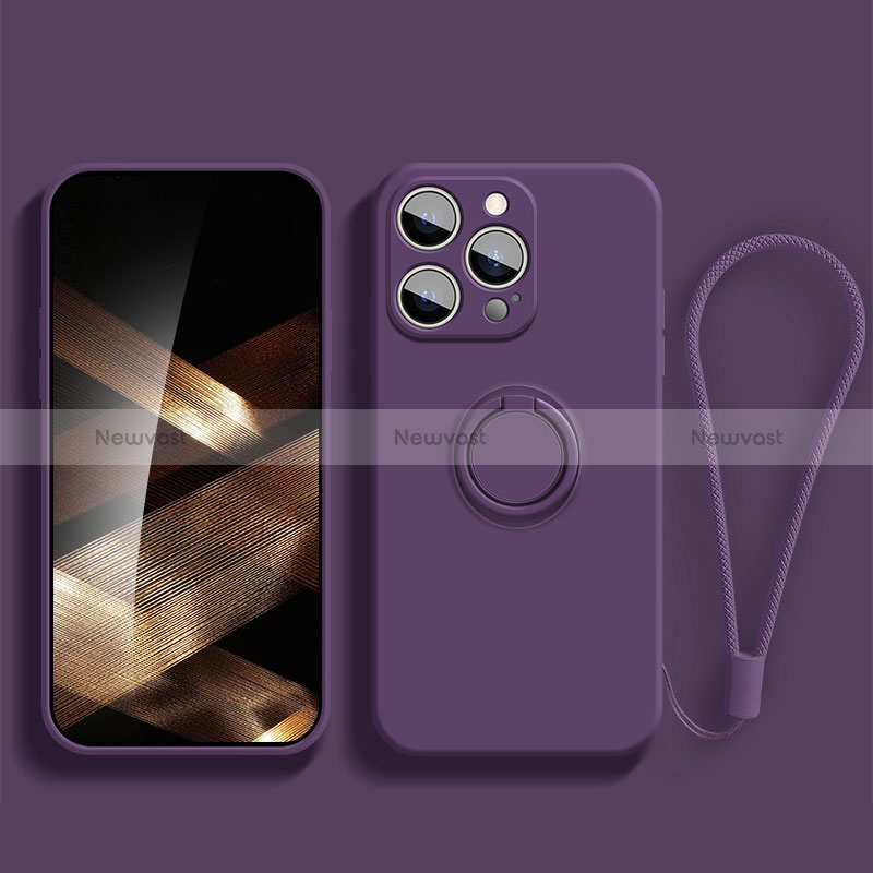 Ultra-thin Silicone Gel Soft Case Cover with Magnetic Finger Ring Stand YK1 for Apple iPhone 13 Pro Purple