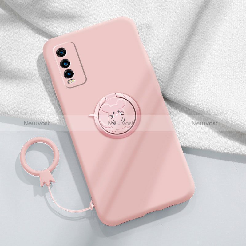 Ultra-thin Silicone Gel Soft Case Cover with Magnetic Finger Ring Stand YK1 for Vivo Y12A Pink