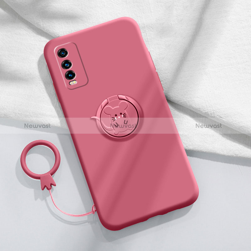 Ultra-thin Silicone Gel Soft Case Cover with Magnetic Finger Ring Stand YK1 for Vivo Y12s (2021) Red