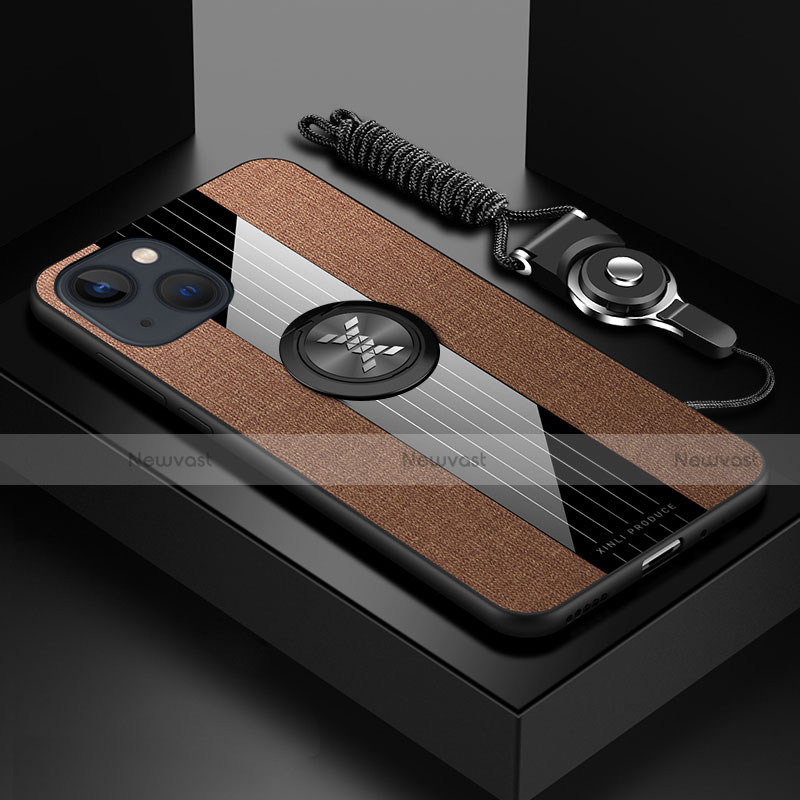 Ultra-thin Silicone Gel Soft Case Cover with Magnetic Finger Ring Stand Z01 for Apple iPhone 15 Brown