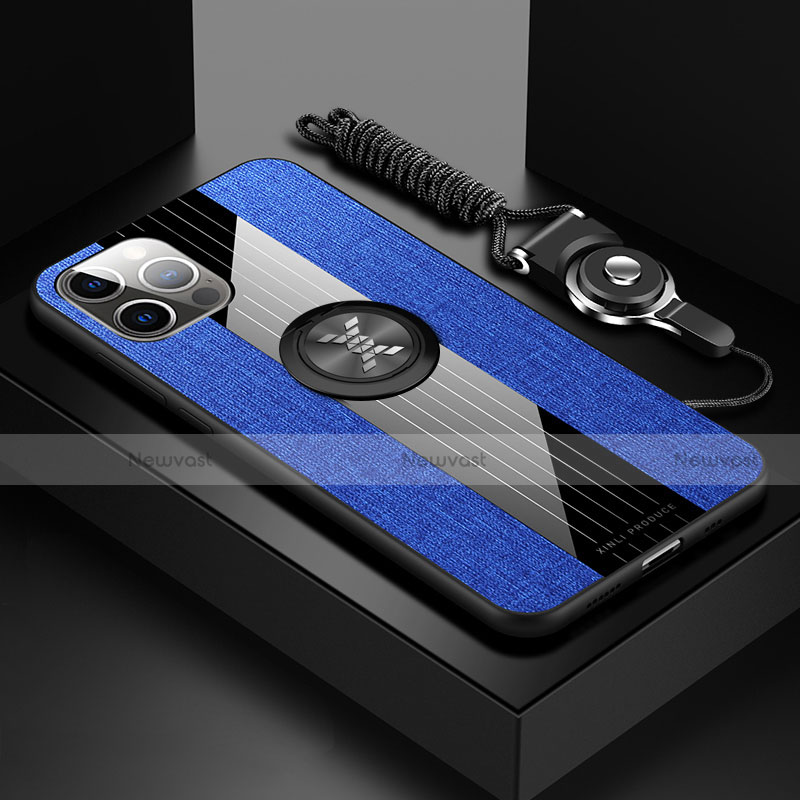 Ultra-thin Silicone Gel Soft Case Cover with Magnetic Finger Ring Stand Z01 for Apple iPhone 15 Pro Max Blue