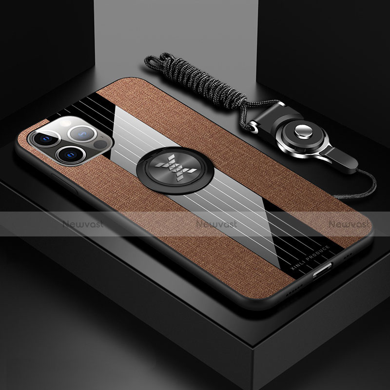 Ultra-thin Silicone Gel Soft Case Cover with Magnetic Finger Ring Stand Z01 for Apple iPhone 15 Pro Max Brown