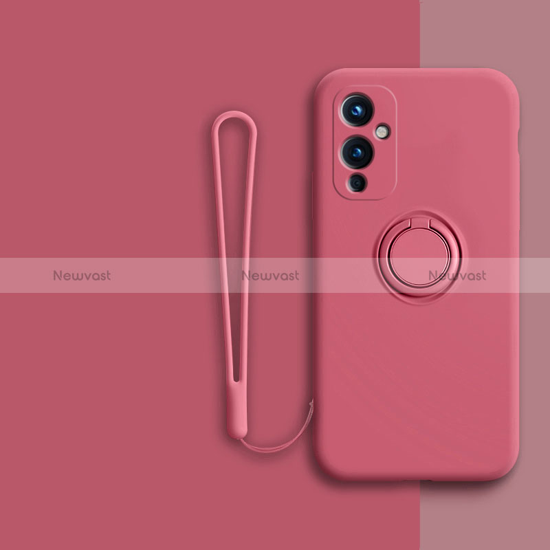 Ultra-thin Silicone Gel Soft Case Cover with Magnetic Finger Ring Stand Z01 for OnePlus 9 5G Hot Pink