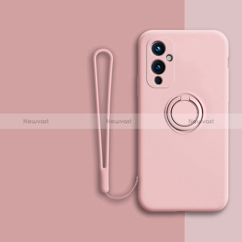 Ultra-thin Silicone Gel Soft Case Cover with Magnetic Finger Ring Stand Z01 for OnePlus 9 5G Pink