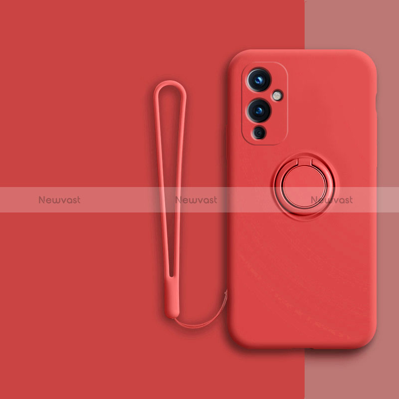 Ultra-thin Silicone Gel Soft Case Cover with Magnetic Finger Ring Stand Z01 for OnePlus 9 5G Red