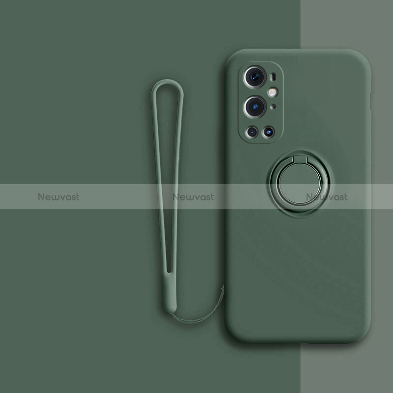 Ultra-thin Silicone Gel Soft Case Cover with Magnetic Finger Ring Stand Z01 for OnePlus 9 Pro 5G Midnight Green