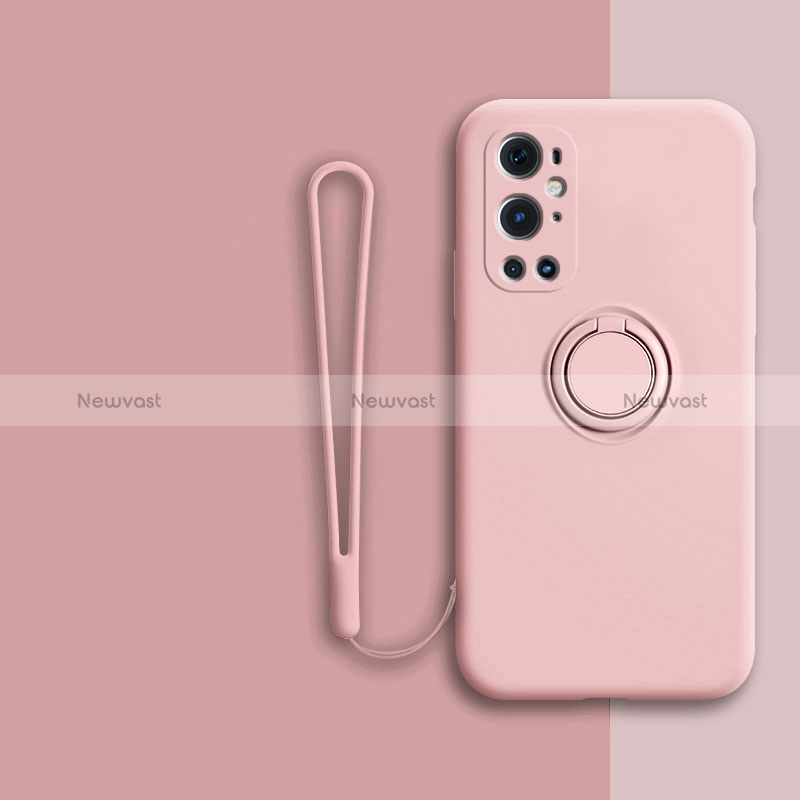 Ultra-thin Silicone Gel Soft Case Cover with Magnetic Finger Ring Stand Z01 for OnePlus 9 Pro 5G Pink