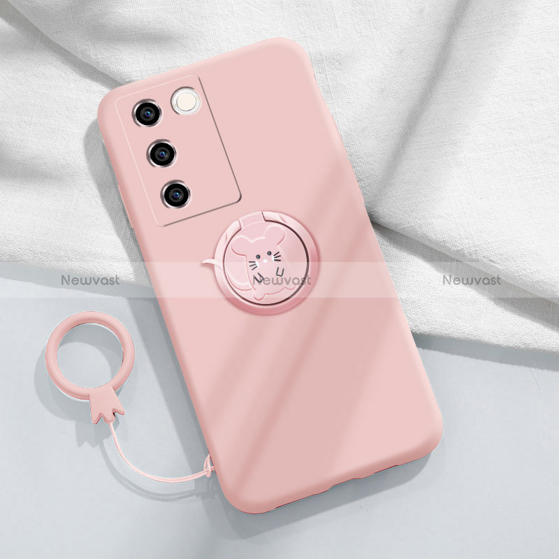 Ultra-thin Silicone Gel Soft Case Cover with Magnetic Finger Ring Stand Z01 for Vivo V27 5G Pink