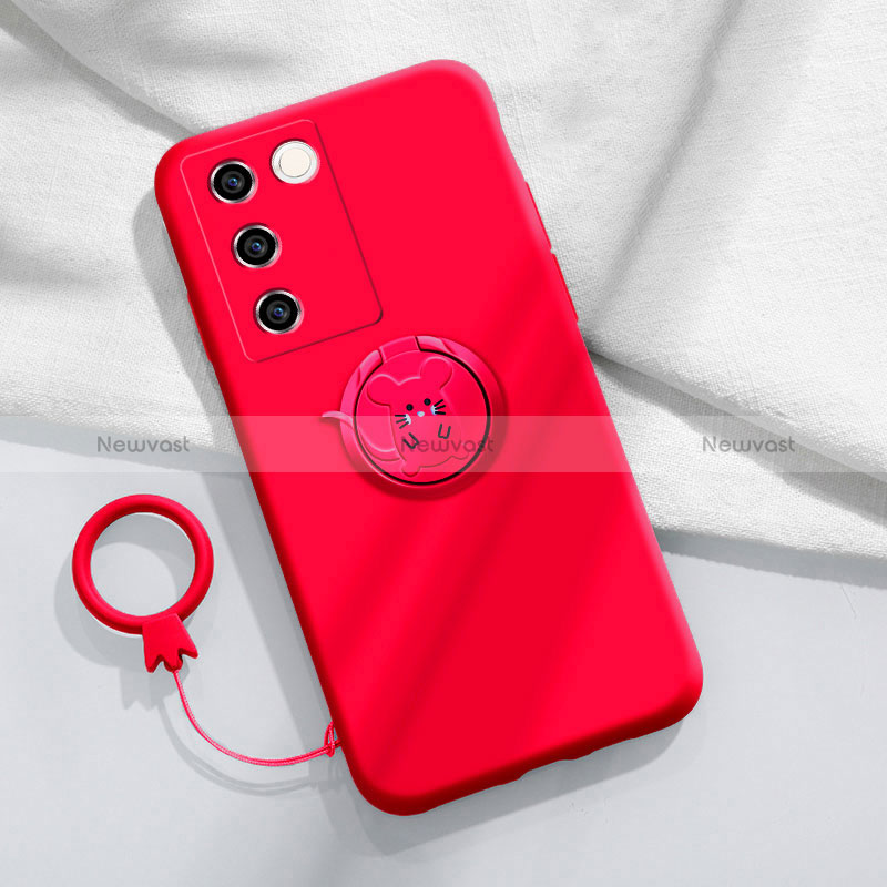 Ultra-thin Silicone Gel Soft Case Cover with Magnetic Finger Ring Stand Z01 for Vivo V27 5G Red