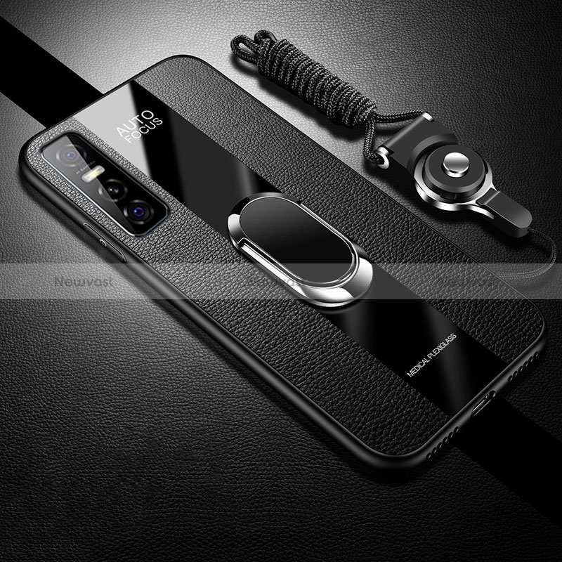 Ultra-thin Silicone Gel Soft Case Cover with Magnetic Finger Ring Stand Z01 for Vivo Y73s 5G Black