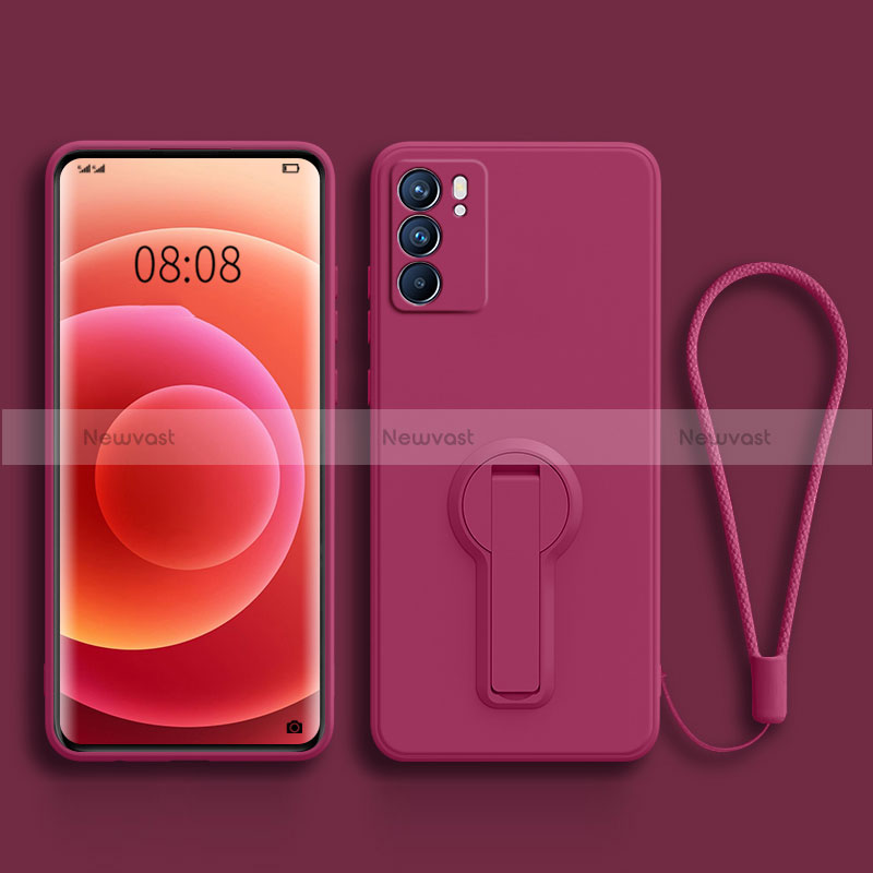 Ultra-thin Silicone Gel Soft Case Cover with Stand for Oppo Reno6 Pro 5G India Hot Pink