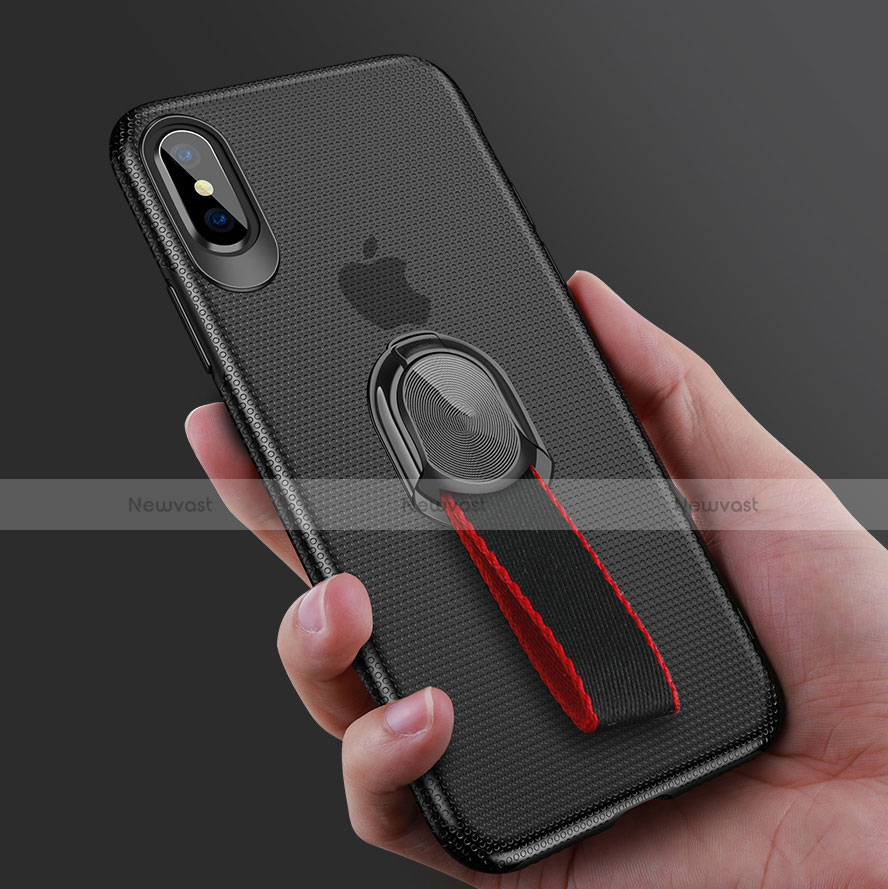 Ultra-thin Silicone Gel Soft Case with Finger Ring Stand T01 for Apple iPhone Xs Max Black