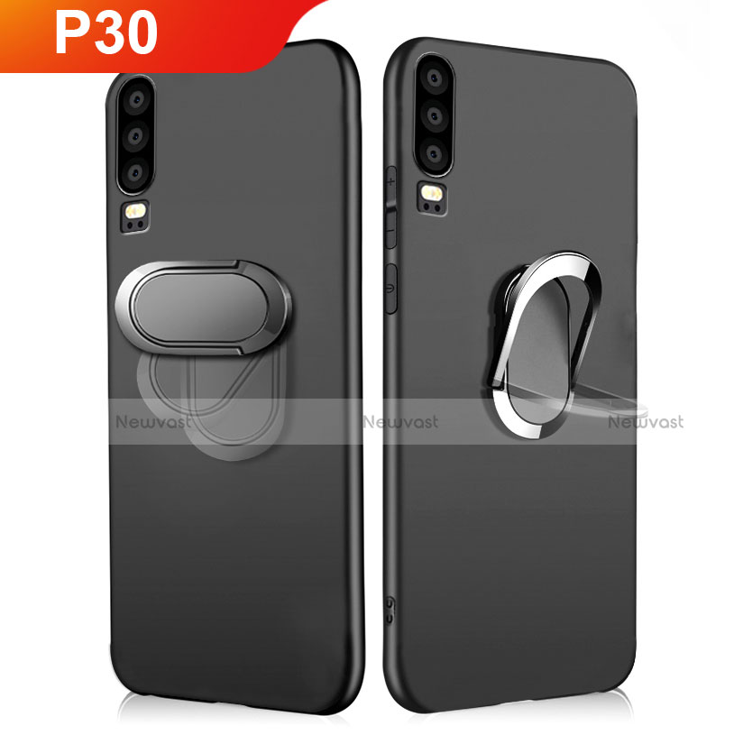 Ultra-thin Silicone Gel Soft Case with Magnetic Finger Ring Stand for Huawei P30 Black