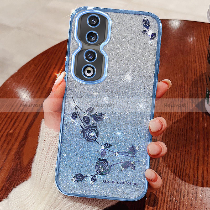 Ultra-thin Transparent Flowers Soft Case Cover for Huawei Honor 90 5G Blue