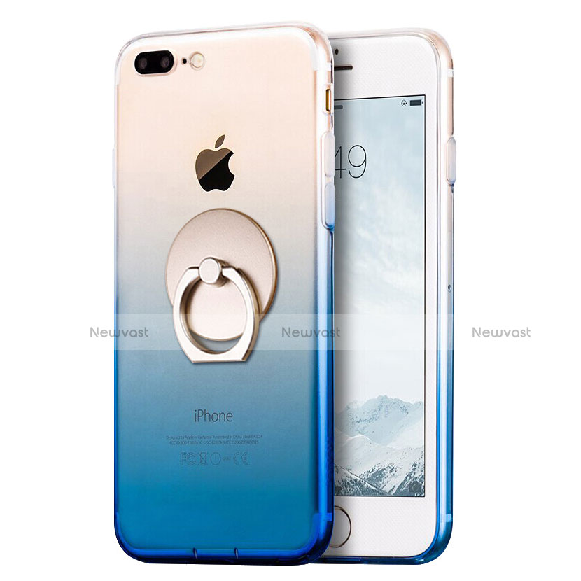 Ultra-thin Transparent Gel Gradient Soft Case with Finger Ring Stand for Apple iPhone 8 Plus Blue