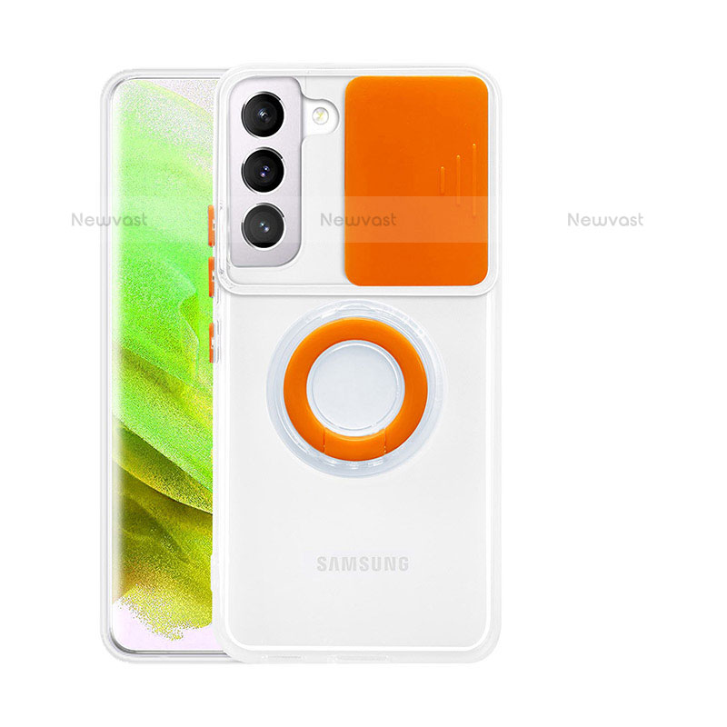 Ultra-thin Transparent TPU Soft Case Cover with Finger Ring Stand A01 for Samsung Galaxy S21 5G Orange