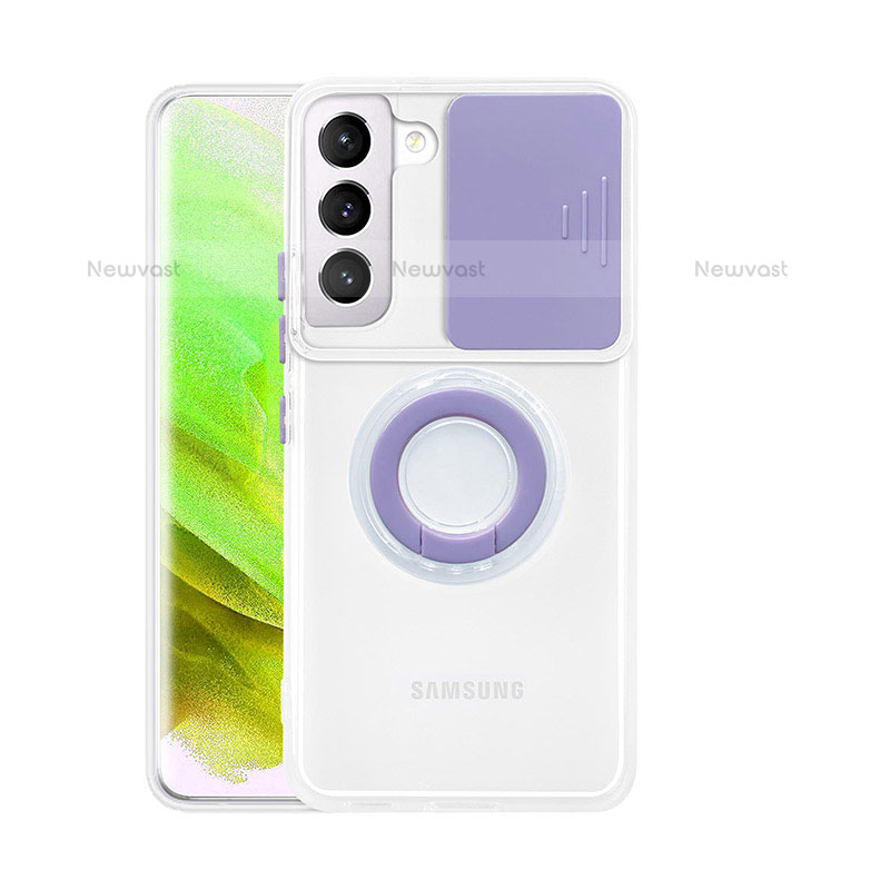 Ultra-thin Transparent TPU Soft Case Cover with Finger Ring Stand A01 for Samsung Galaxy S21 5G Purple